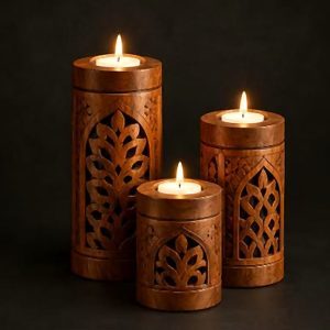 Turned Wood Candle Holders — Set of 3